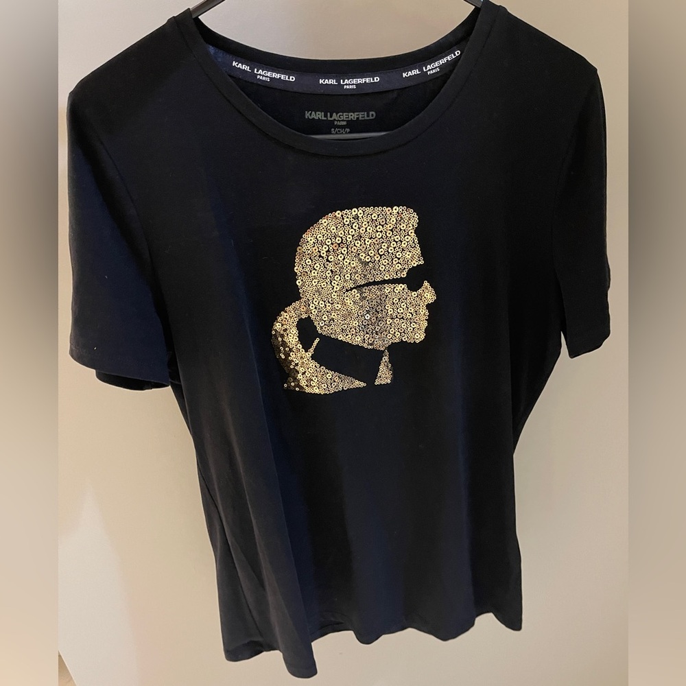 Karl Lagerfeld Black Tee with Gold Sequin Design
